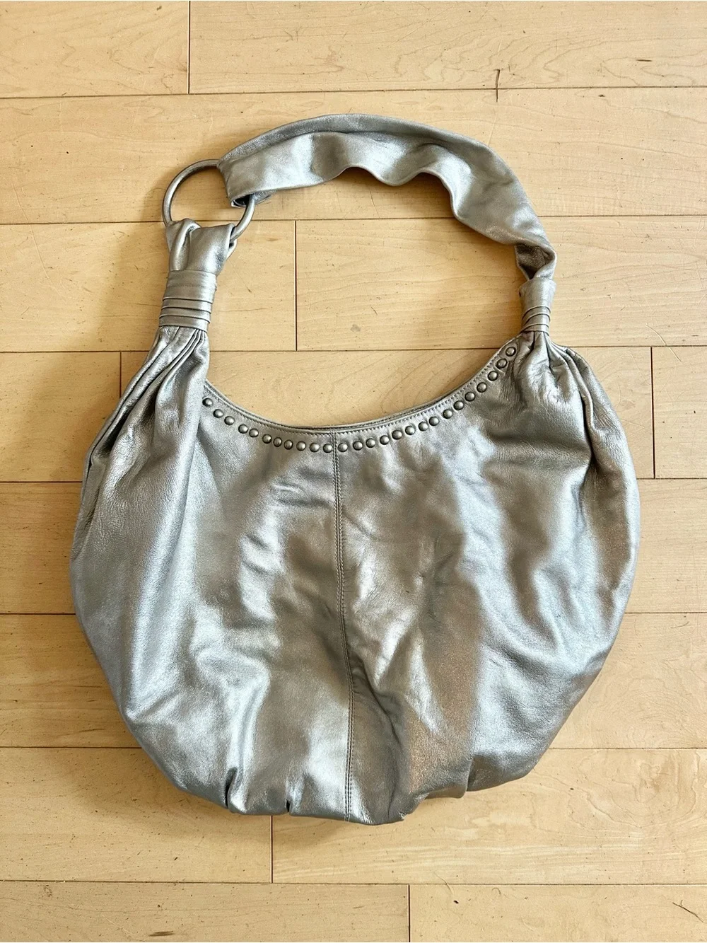 Metallic Leather Hobo Bag with Stud Accent by Aqua